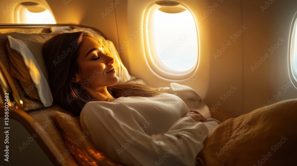 Fototapeta premium Woman Sleeping Comfortably in First-Class Airplane Seat 