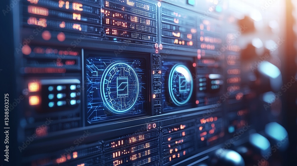 Fototapeta premium Computer screen illuminated with blue and red light creating a striking visual contrast in darkness