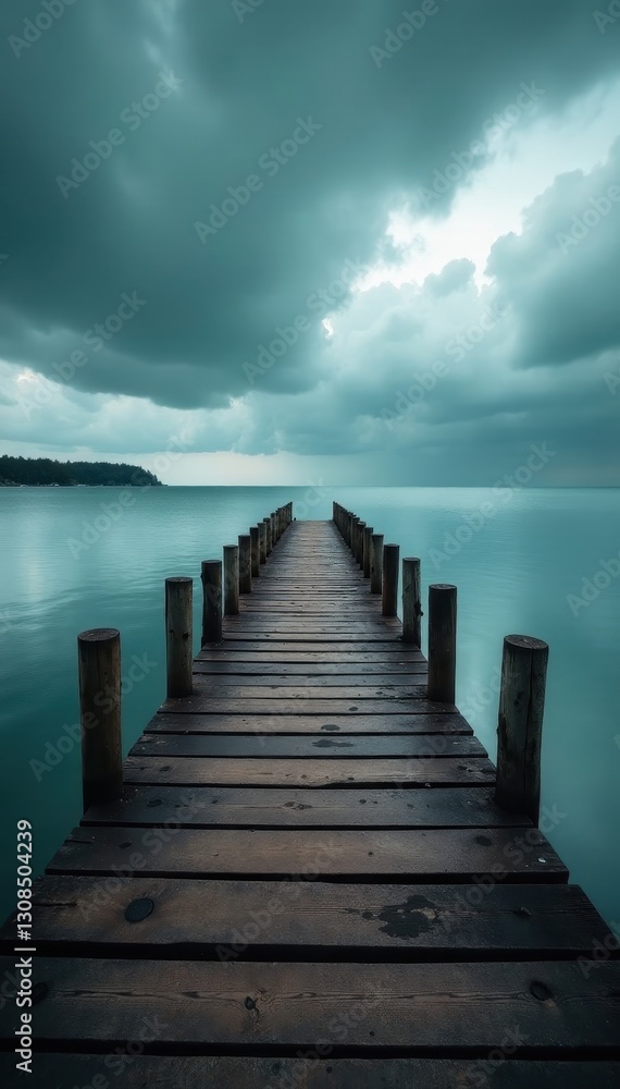 Obraz premium Rustic pier stretches into calm water under a brooding sky , ocean pier, calm water