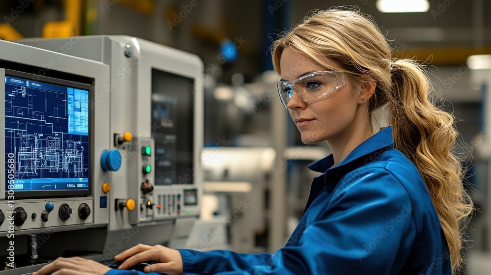 Skilled woman operating industrial machine with precision in a modern manufacturing environment Skilled woman operating industrial machine with precision in a modern manufacturing environment