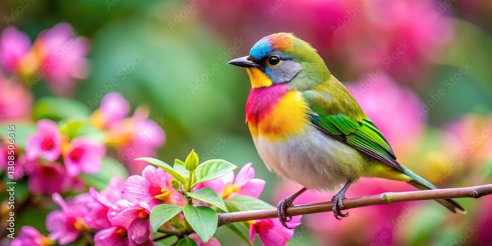 A Vibrant Rainbow-Colored Bird Perched on a Branch Amidst a Blooming Garden of Pink Flowers A Vibrant Rainbow-Colored Bird Perched on a Branch Amidst a Blooming Garden of Pink Flowers