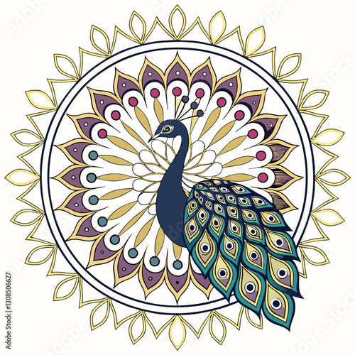 Intricate peacock illustration ornate circular mandala design gold and teal color scheme decorative feather pattern symmetrical artwork