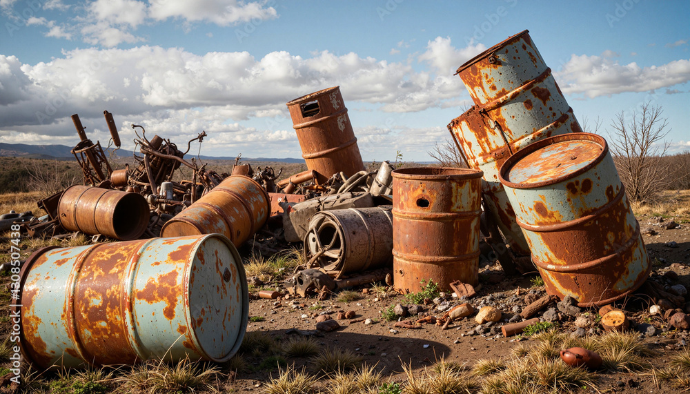 Rusted metal barrels scattered at remote dumping ground, industrial neglect Rusted metal barrels scattered at remote dumping ground, industrial neglect