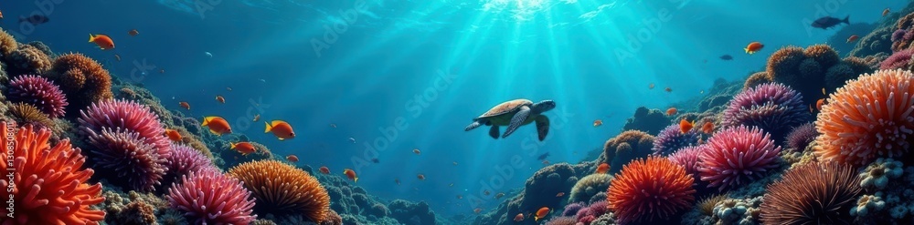 Fototapeta premium A healthy coral reef explodes with color; various fish and a graceful sea turtle swim amidst the polyps , aquatic, ecosystem, wildlife