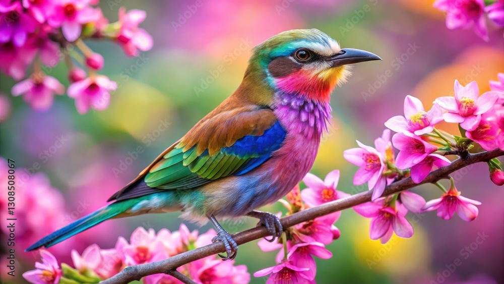 A Vibrant Rainbow-Colored Bird Perched on a Branch Adorned with Delicate Pink Blossoms in a Lush Garden Setting A Vibrant Rainbow-Colored Bird Perched on a Branch Adorned with Delicate Pink Blossoms in a Lush Garden Setting