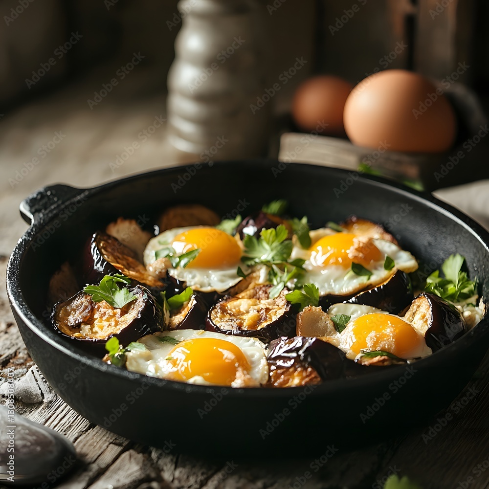 Eggplant and egg combination , preparing for a savory dish Eggplant and egg combination , preparing for a savory dish