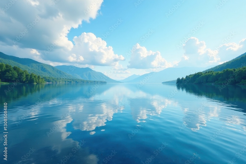 Serene blue lake, tranquil surface reflecting sky, view, idyllic Serene blue lake, tranquil surface reflecting sky, view, idyllic