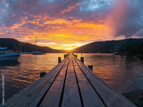 Wooden pier extending into a vibrant sunset over calm water with boats.