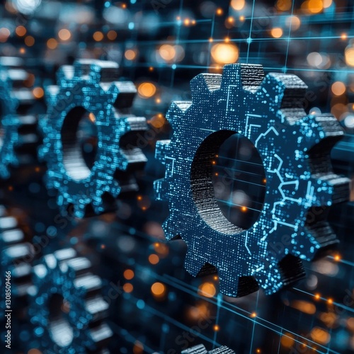 Interconnected gear wheel overlaid with a complex circuit design creating a dynamic visual contrast