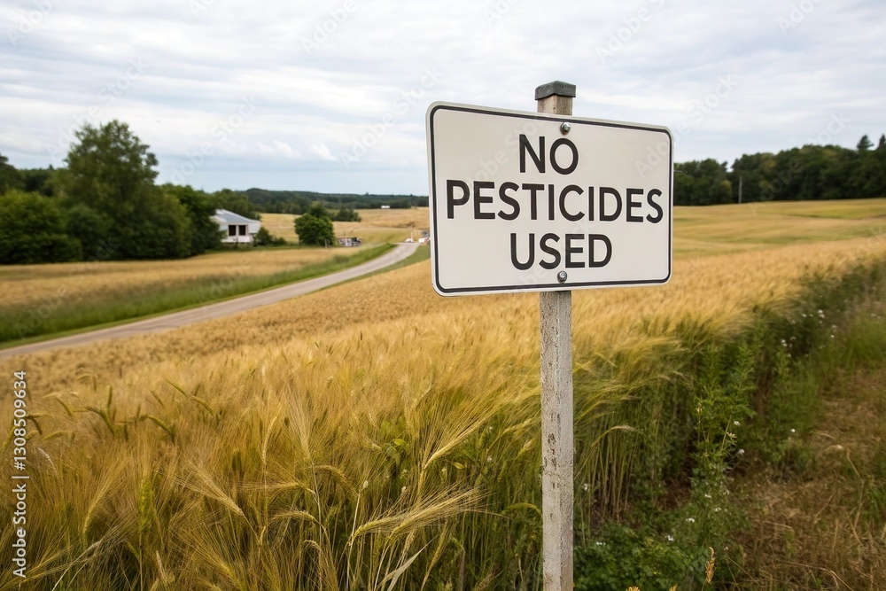No pesticides used sign in wheat field. Organic safe farming No pesticides used sign in wheat field. Organic safe farming