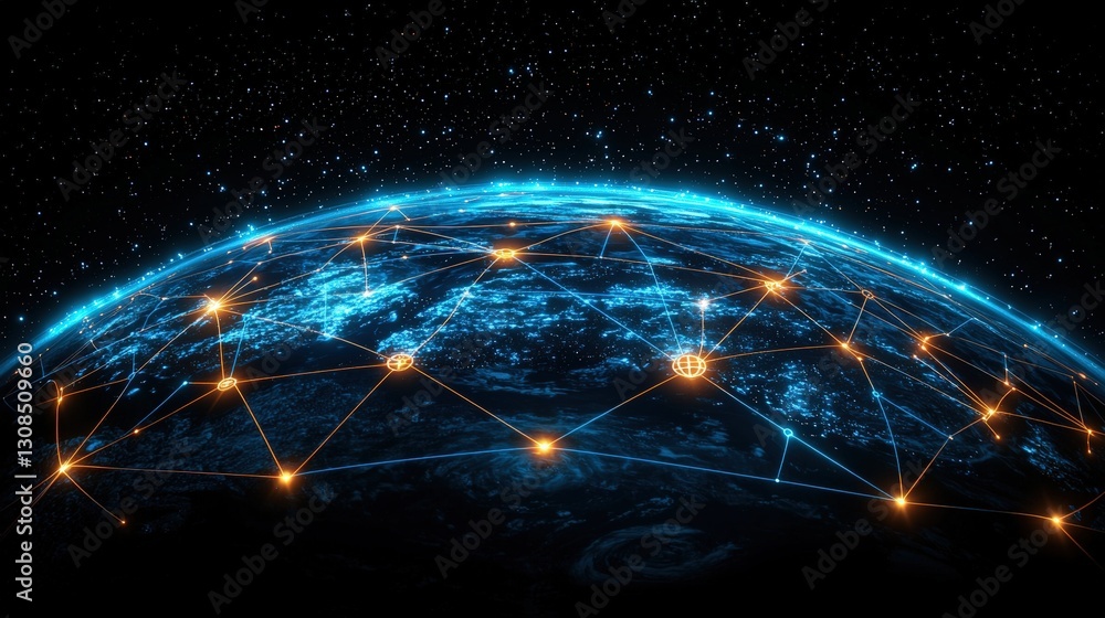 Planet with intricate network of connected lines depicting global links and digital connectivity Planet with intricate network of connected lines depicting global links and digital connectivity