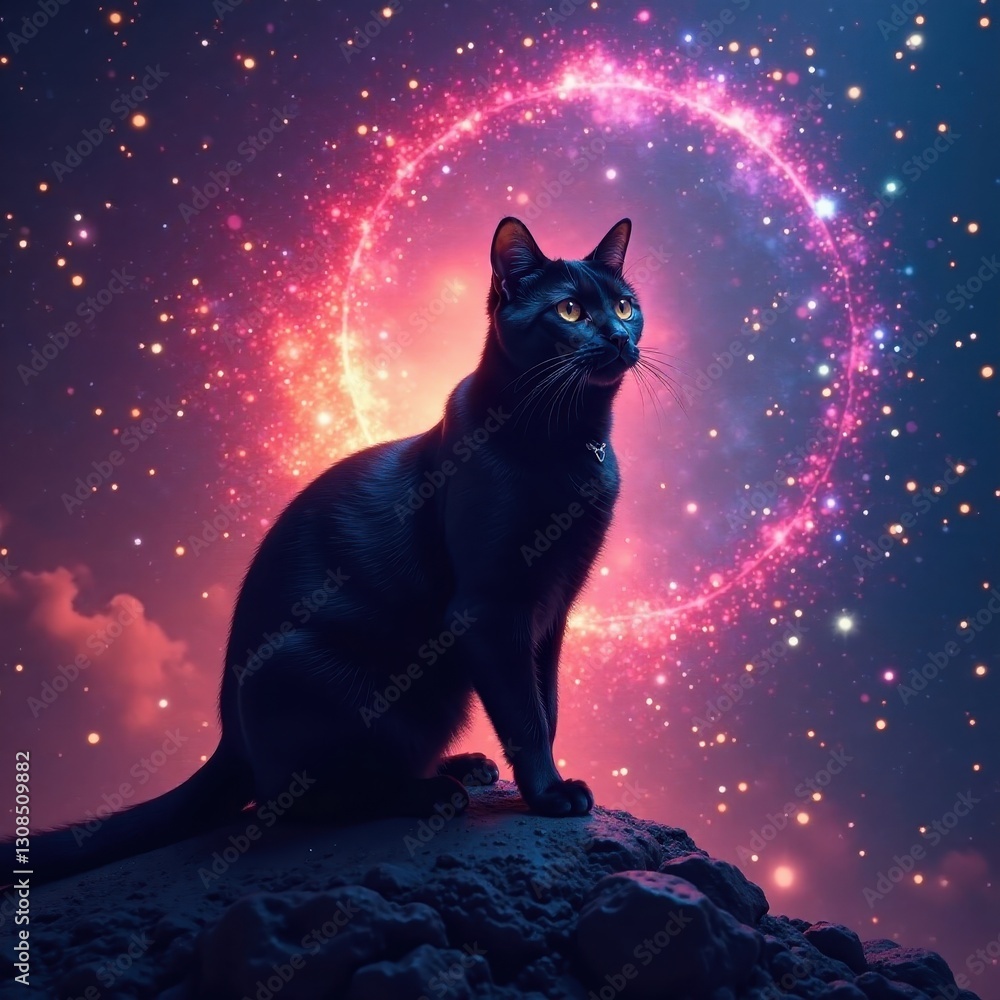 Cosmic nebula swirls around a sleek black cat, cat silhouette, universe Cosmic nebula swirls around a sleek black cat, cat silhouette, universe