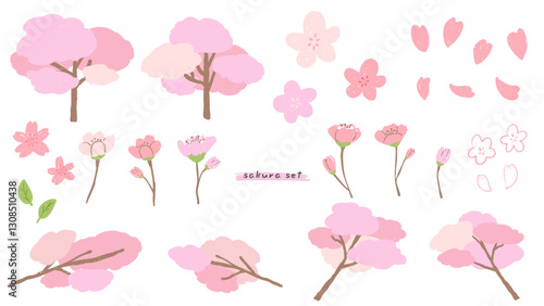 Cherry blossom and sakura tree with petals, cute simple hand drawn illustration set with textures / 桜と桜の木と花びら、テクスチャのあるかわいいシンプルな手描きイラストセット