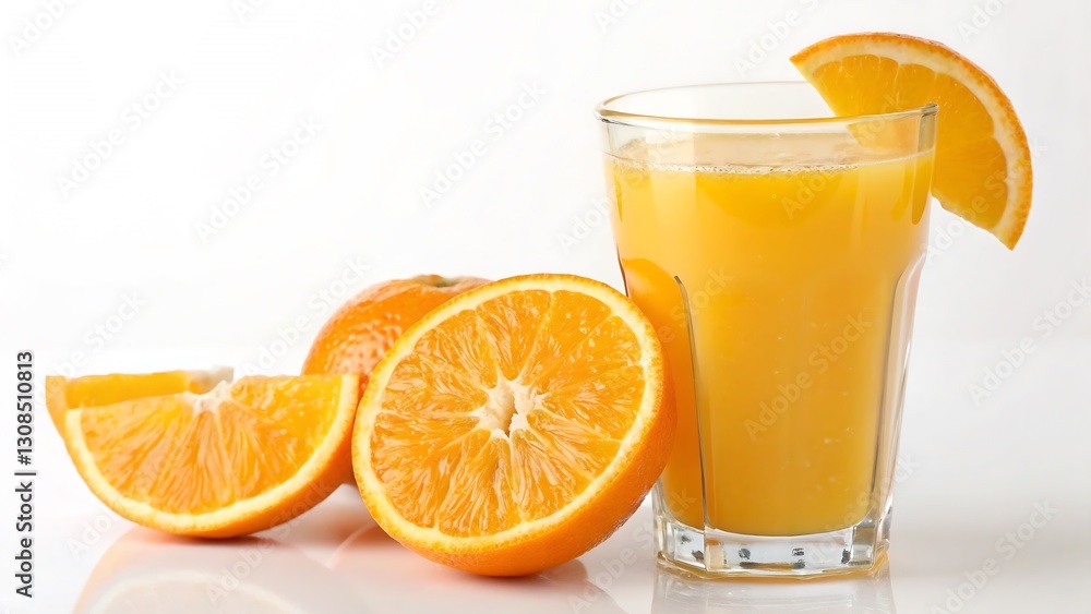 Glass of Orange Juice with Fresh Orange Slices on a White Background, Bright and Refreshing Image perfect for health and lifestyle themes. Glass of Orange Juice with Fresh Orange Slices on a White Background, Bright and Refreshing Image perfect for health and lifestyle themes.