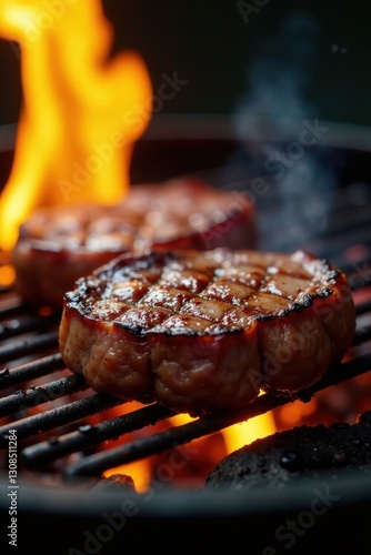 Thick-cut steak grilling, intense flame flare-up , delicious, smoke, flavor
