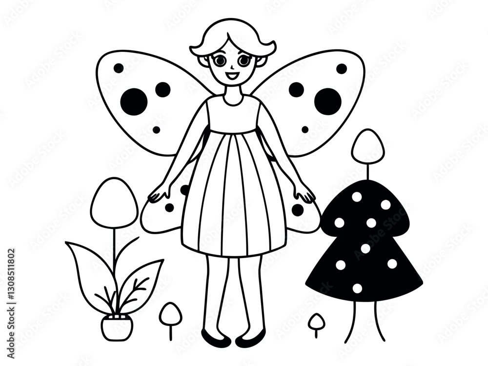 Vector illustration, a beautiful fairy stroking a frog in a meadow of flowers with mushrooms Vector illustration, a beautiful fairy stroking a frog in a meadow of flowers with mushrooms