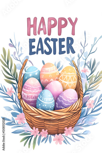 Happy Easter text with a basket of colorful decorated eggs surrounded by leaves and floral elements in a watercolor style
