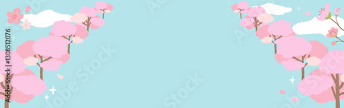 Spring-inspired background frame of cherry blossom trees, cute hand-drawn illustration with texture / 春をイメージした桜並木の背景フレーム、テクスチャのあるかわいい手描きイラスト