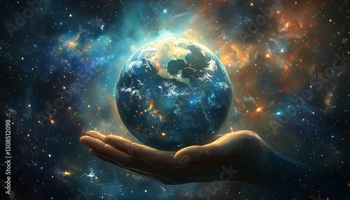 Fototapeta Naklejka Na Ścianę i Meble -  Earth cradled in a hand against cosmic backdrop.