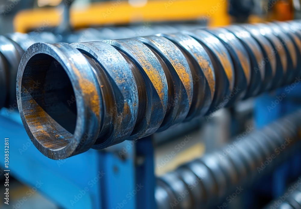 Close-Up of Industrial Spiral Steel Screw on Production Machine in Factory Environment with Blurred Background of Manufacturing Equipment Close-Up of Industrial Spiral Steel Screw on Production Machine in Factory Environment with Blurred Background of Manufacturing Equipment