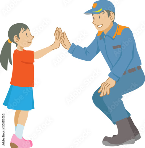 消防士とハイタッチする少女