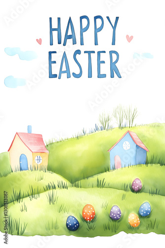 Happy Easter text with a countryside landscape, green hills, small houses, and a soft watercolor sky in pastel colors
