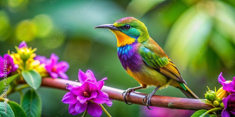 Vibrant Rainbow Bird Perched on a Branch Amidst Purple and Yellow Blossoms in a Lush Green Garden Vibrant Rainbow Bird Perched on a Branch Amidst Purple and Yellow Blossoms in a Lush Green Garden