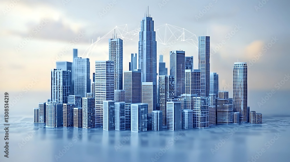 Fototapeta premium Global City for Networked Skyline, Water Reflection.
