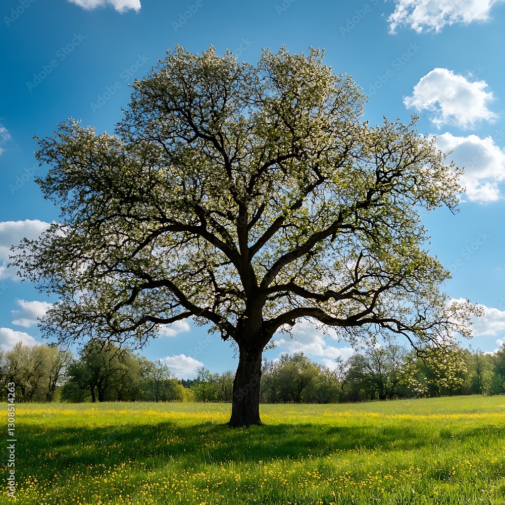 Majestic tree in a sunny meadow, blue sky Majestic tree in a sunny meadow, blue sky