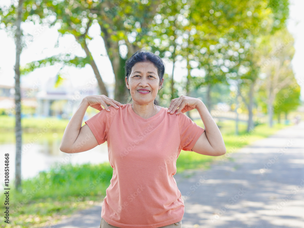 Lifestyle health care. Senior woman exercise at park in vacation. people healthy workout outdoor for muscle strong. Elderly wellness and feeling vitality, self care. Warm up yoga before exercise Lifestyle health care. Senior woman exercise at park in vacation. people healthy workout outdoor for muscle strong. Elderly wellness and feeling vitality, self care. Warm up yoga before exercise