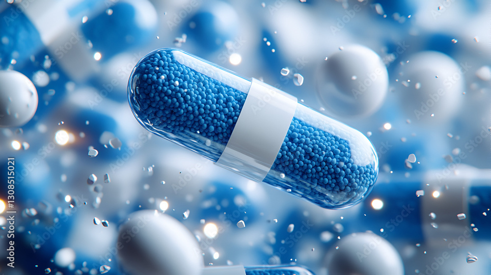 Blue and white medical capsule with microscopic view, pharmaceutical art, clinical study, digital illustration Blue and white medical capsule with microscopic view, pharmaceutical art, clinical study, digital illustration