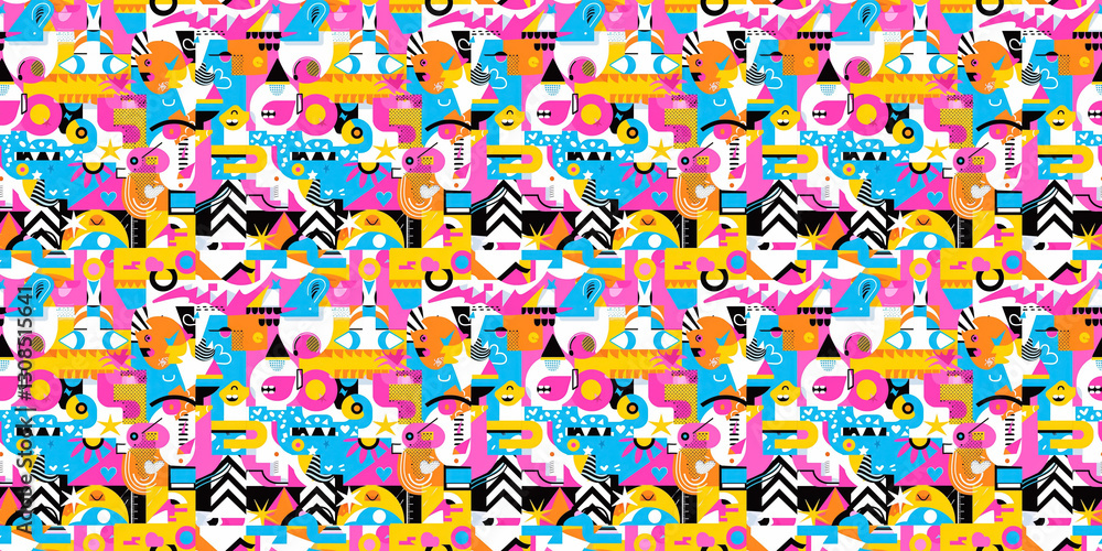 Colorful abstract geometric pattern with vibrant shapes and symbols Colorful abstract geometric pattern with vibrant shapes and symbols