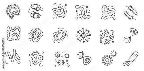 Microbe and Bacteria outline icons set - Microorganism and Virus concept vector