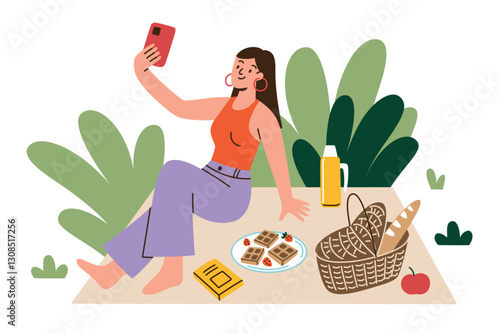Vector illustration of young woman enjoying picnic outdoors. Flat cartoon female character sitting on blanket, taking selfie with phone. Picnic basket, food, thermos, leisure and relaxation in nature