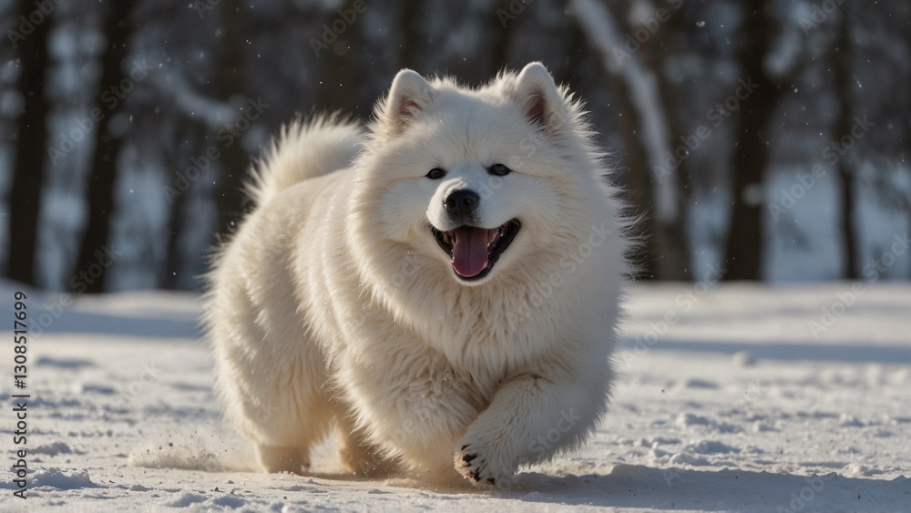 A joyful Samoyed, running through the snow with its fluffy white coat, smiling with joy. A joyful Samoyed, running through the snow with its fluffy white coat, smiling with joy.