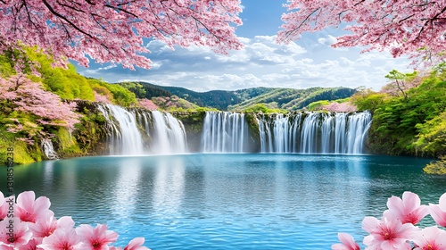 Serene Waterfall Cascading into a Blue Pond Surrounded by Pink Cherry Blossoms