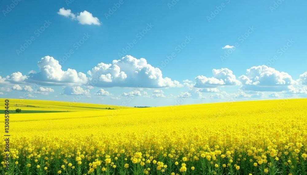 Speckled clouds drift, sunlit canola field blooms bright yellow , bloom, clouds Speckled clouds drift, sunlit canola field blooms bright yellow , bloom, clouds