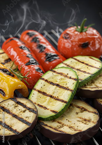 Grilled vegetables on the barbecue with zucchini, eggplant, and peppers
