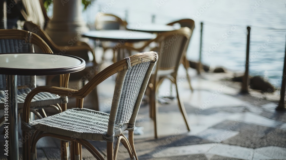 Serene Seaside Café with Open Windows and Rattan Chairs Serene Seaside Café with Open Windows and Rattan Chairs