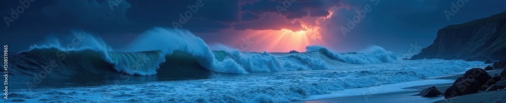 Naklejka premium Violent ocean storm, huge waves under a raging night sky , spray, turbulent, dark