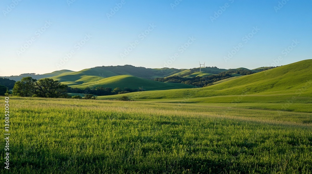 Lush green rolling hills under a clear blue sky at sunset. Lush green rolling hills under a clear blue sky at sunset.