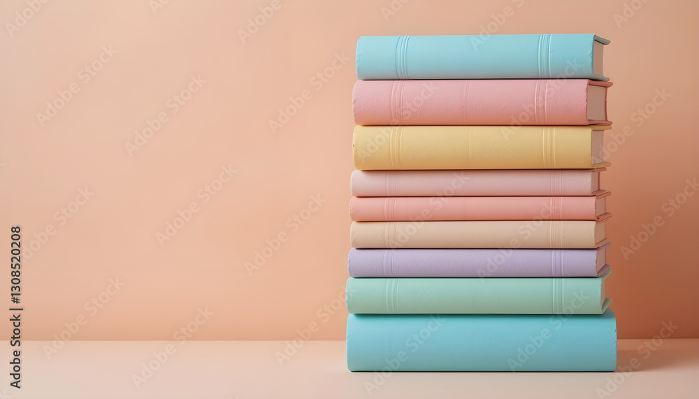 Stack of Pastel-Colored Books Against a Soft Peach Background