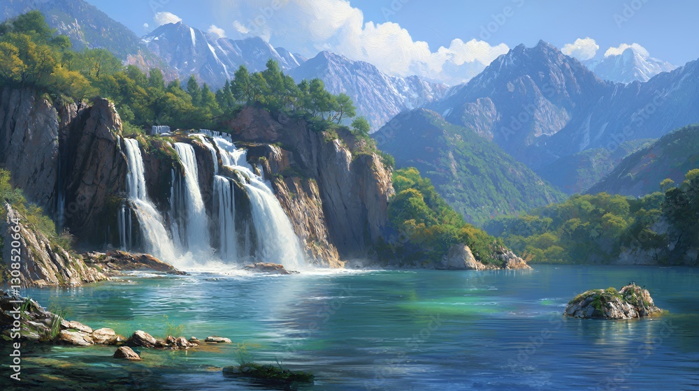 Fototapeta premium Serene Waterfall cascading into a Turquoise Lake, surrounded by Lush Green Mountains under a Sunny Sky
