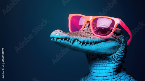 Blue crocodile model wearing pink sunglasses against dark background. Humorous fashion concept