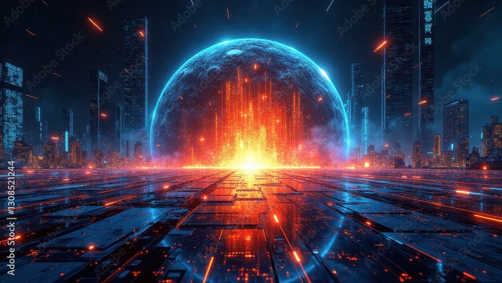 Virtual data hubs, Futuristic virtual data hub glowing with holographic tech against space backdrop. Virtual data hubs, Futuristic virtual data hub glowing with holographic tech against space backdrop.