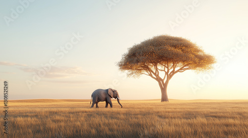 Elephant and Tree in Savann...