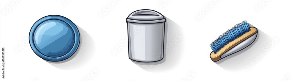 A depiction of a trash can, a cleaning brush, and a hand mixer; household tools for cleaning and cooking A depiction of a trash can, a cleaning brush, and a hand mixer; household tools for cleaning and cooking
