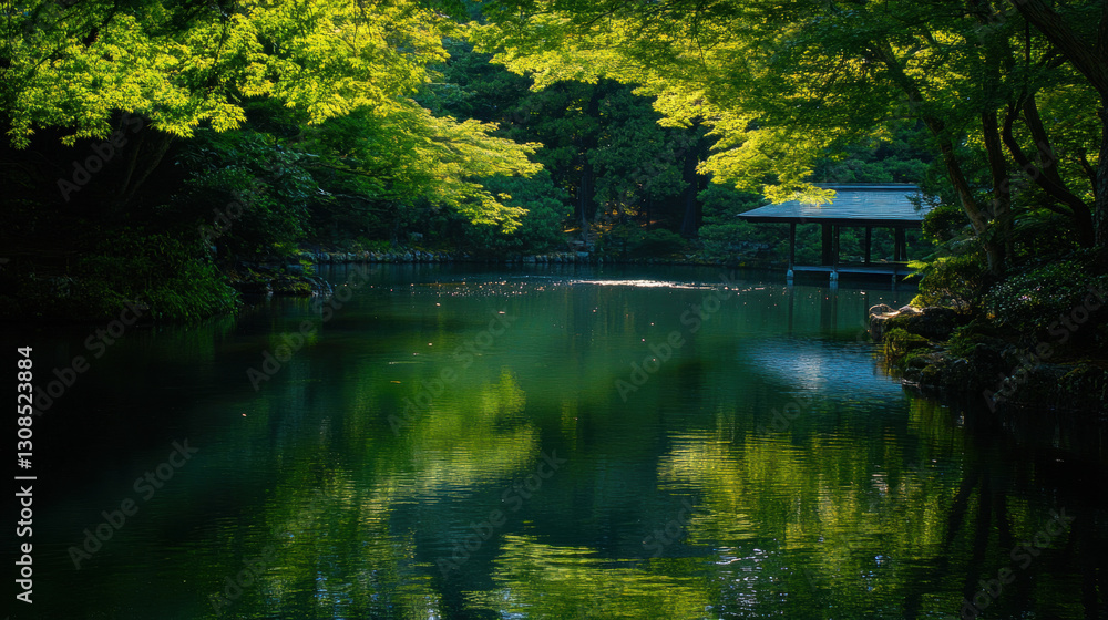 Fototapeta premium Scenic lake surrounded by lush green trees with a pavilion in the background