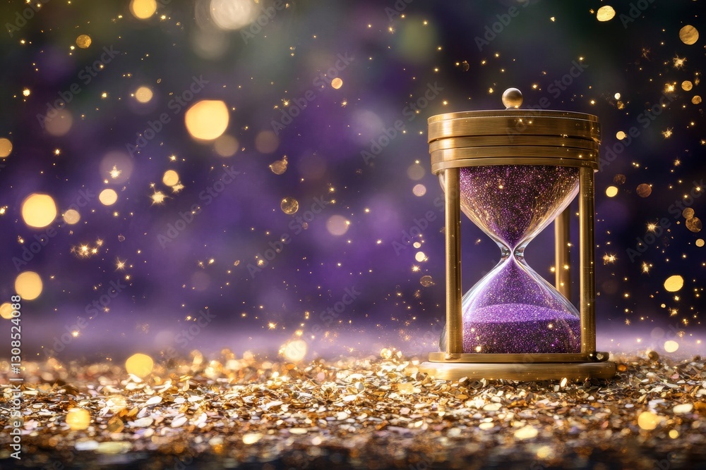 Elegant Hourglass on Glittering Background with Bokeh Effect