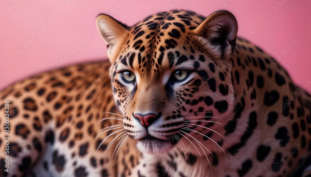 Fototapeta premium Focused Leopard Portrait with Intense Gaze and Pink Background Detail